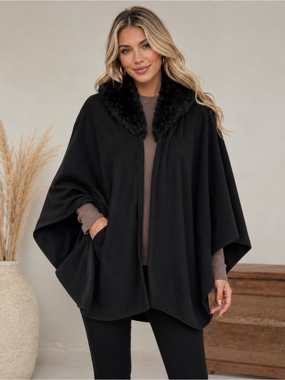 Black Women's Cape Coat with Faux Fur Collar